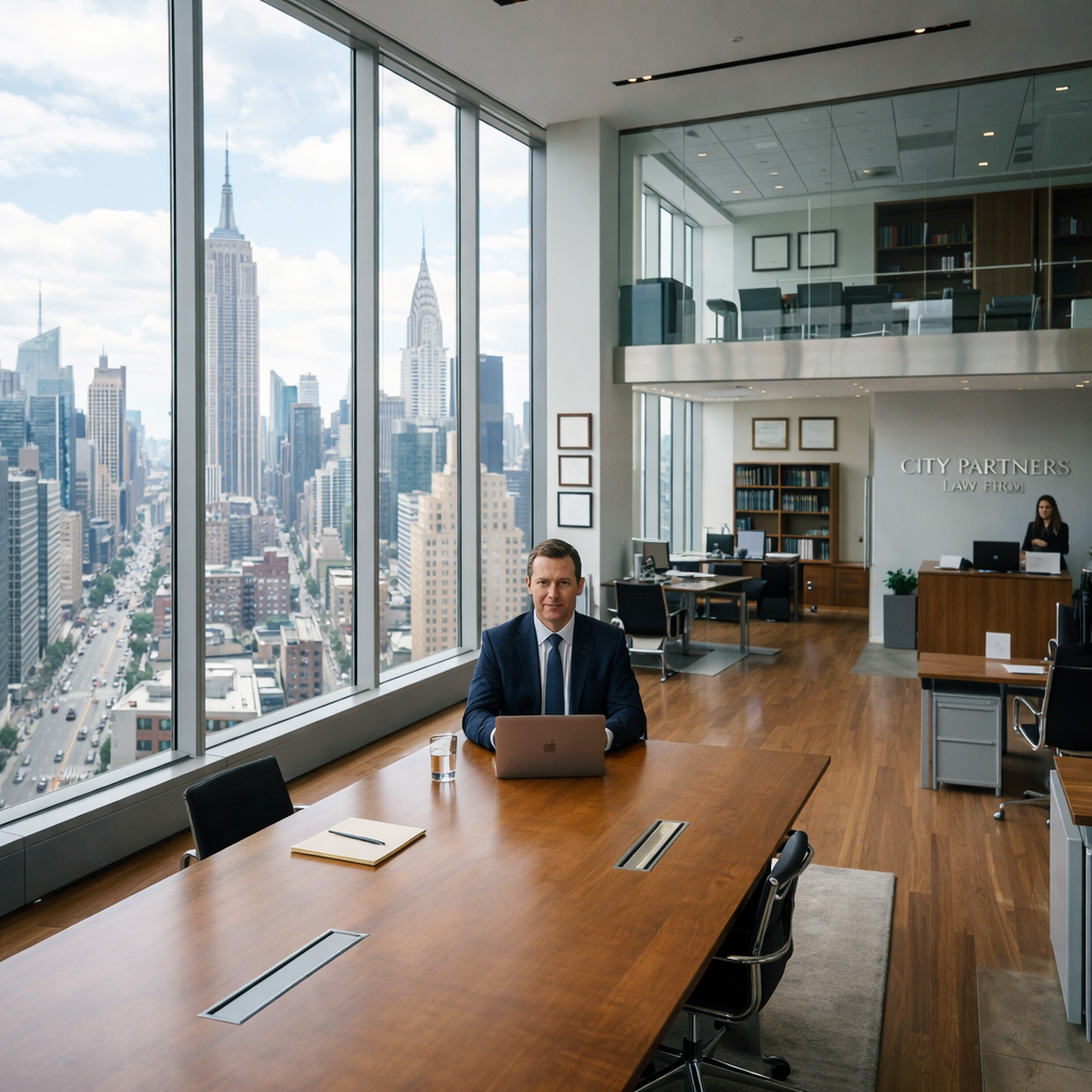 Four businesspeople discussing documents at a conference table with city skyline through large windows